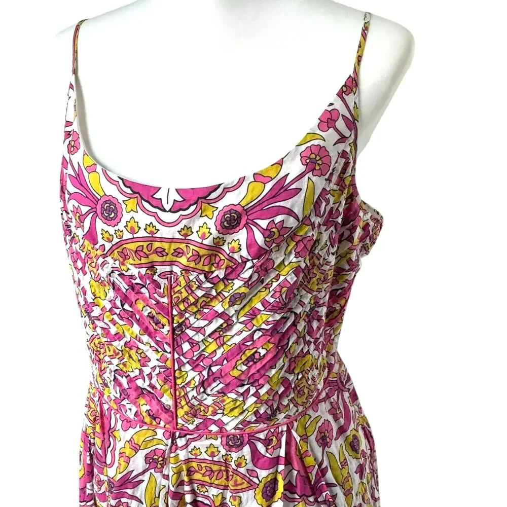 TORY‎ BURCH Women's 12 Pink Yellow Floral Pleated Sun Dress Pockets Bright Fairy